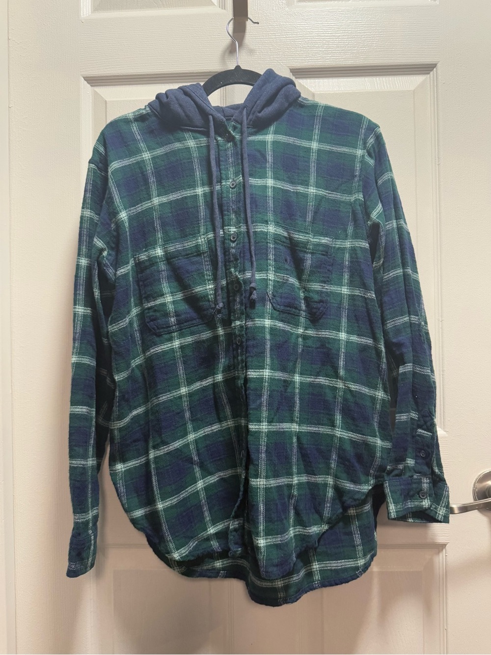 American Eagle Outfitters Green and Navy Plaid Hooded Shirt size M